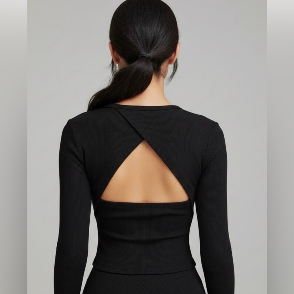 Revolve Nylora Black Cropped Long Sleeved Rubbed Top, Triangle Open Back, Small